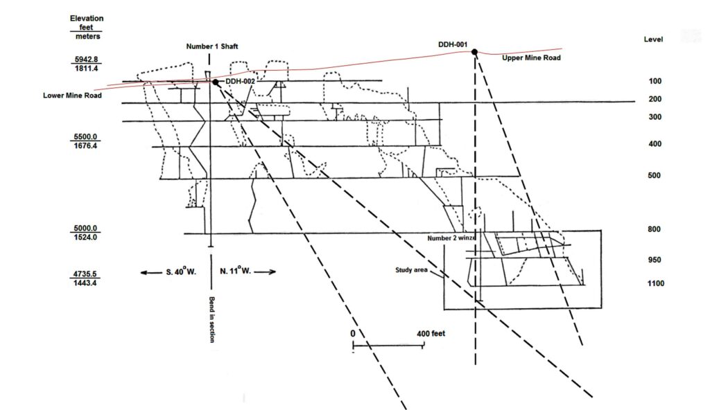 Clayton Silver Mine, longitudinal section of the underground workings showing stoped areas