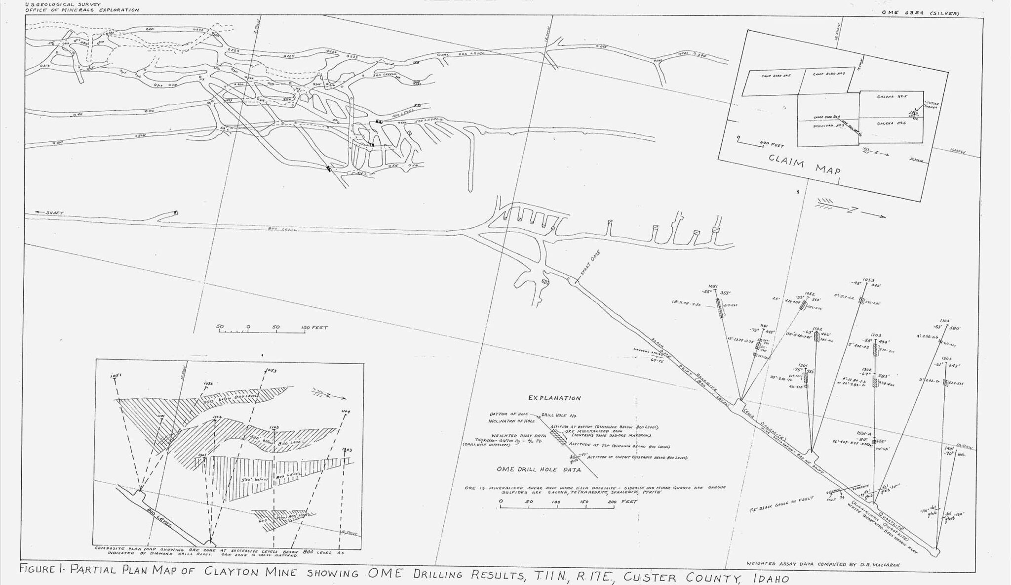 1964 and 1965 drillhole locations to explore the mineralization below the 800 ft. level of the Clayton Mine